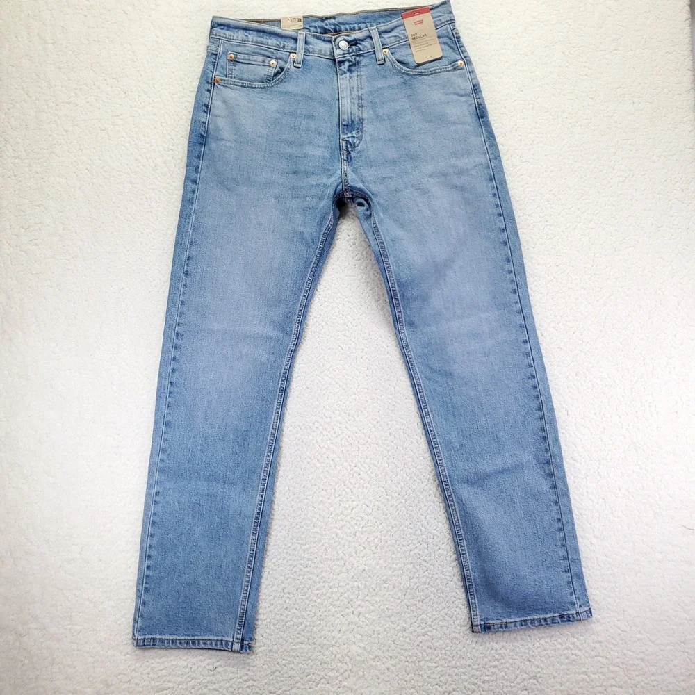 Levis 505 Regular Fit Straight Leg Light Wash Blue Stretch Jeans 33x32
